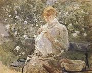 Berthe Morisot The Woman sewing at the courtyard oil painting artist